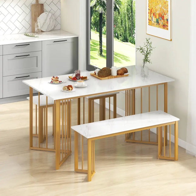 4 Piece Dining Table Set with Bench and 2 Stools-White Costway