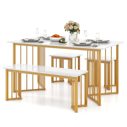 4 Piece Dining Table Set with Bench and 2 Stools-White Costway
