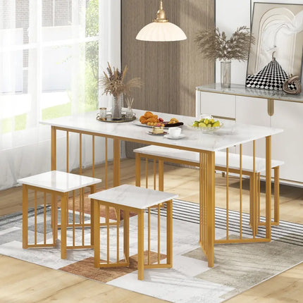 4 Piece Dining Table Set with Bench and 2 Stools-White Costway