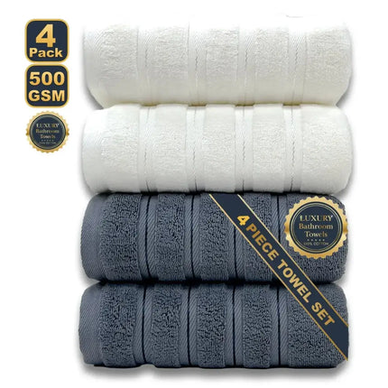 4‑Piece Egyptian Cotton Bath Towel Set – White & Grey, Soft, Highly Absorbent, Quick‑Dry, Luxury Home & Hotel Towels (70×140 cm) - Oasis Home Essentials
