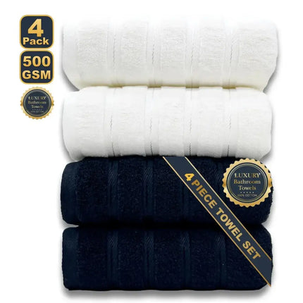 4‑Piece Egyptian Cotton Bath Towel Set – White & Grey, Soft, Highly Absorbent, Quick‑Dry, Luxury Home & Hotel Towels (70×140 cm) - Oasis Home Essentials