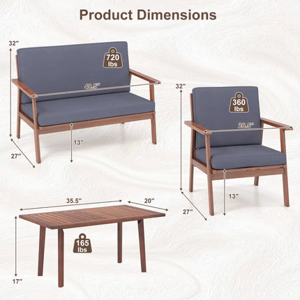 4 Piece Outdoor Acacia Wood Conversation Set with Soft Seat and Back Cushions-Gray - Gray - Patio Conversation Sets