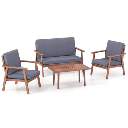 4 Piece Outdoor Acacia Wood Conversation Set with Soft Seat and Back Cushions-Gray - Gray - Patio Conversation Sets