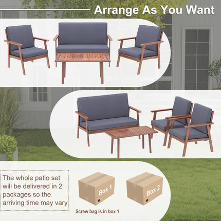 4 Piece Outdoor Acacia Wood Conversation Set with Soft Seat and Back Cushions-Gray - Gray - Patio Conversation Sets