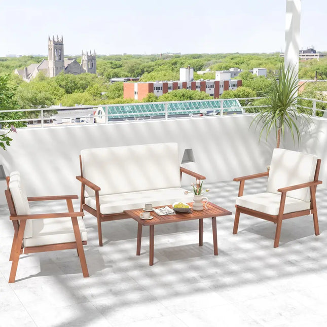 4 Piece Outdoor Acacia Wood Conversation Set with Soft Seat and Back Cushions-White - White - Patio Conversation Sets