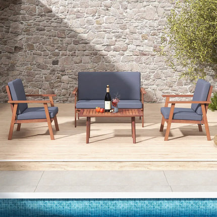 4 Piece Outdoor Acacia Wood Conversation Set with Soft Seat and Back Cushions-Gray - Gray - Patio Conversation Sets
