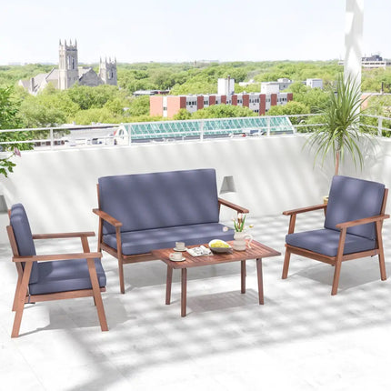 4 Piece Outdoor Acacia Wood Conversation Set with Soft Seat and Back Cushions-Gray - Gray - Patio Conversation Sets