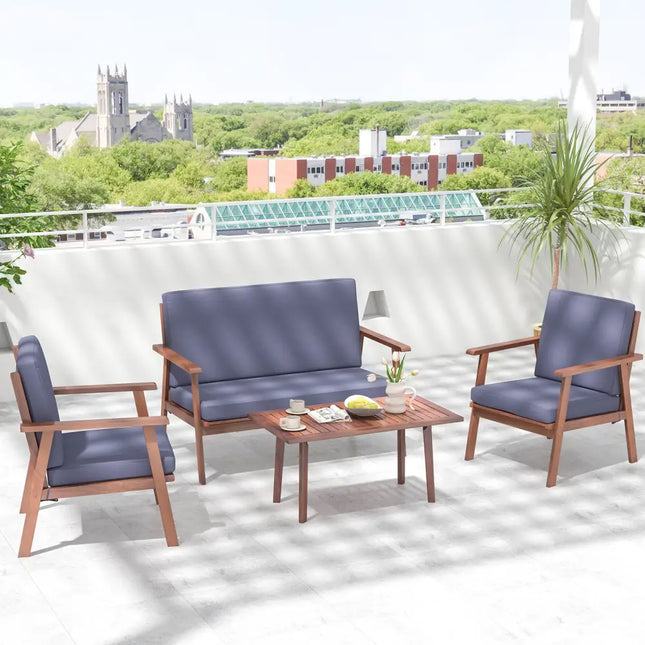 4 Piece Outdoor Acacia Wood Conversation Set with Soft Seat and Back Cushions-Gray - Gray - Patio Conversation Sets