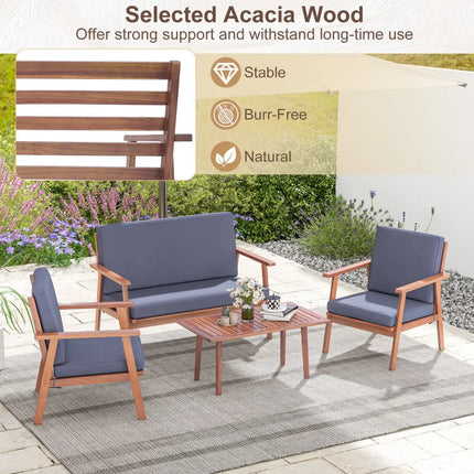 4 Piece Outdoor Acacia Wood Conversation Set with Soft Seat and Back Cushions-Gray - Gray - Patio Conversation Sets