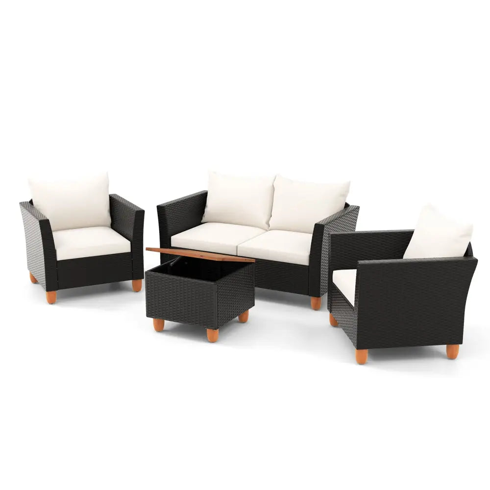 4 Piece Outdoor Conversation Set with Storage Coffee Table-White - White - Patio Furniture Sets