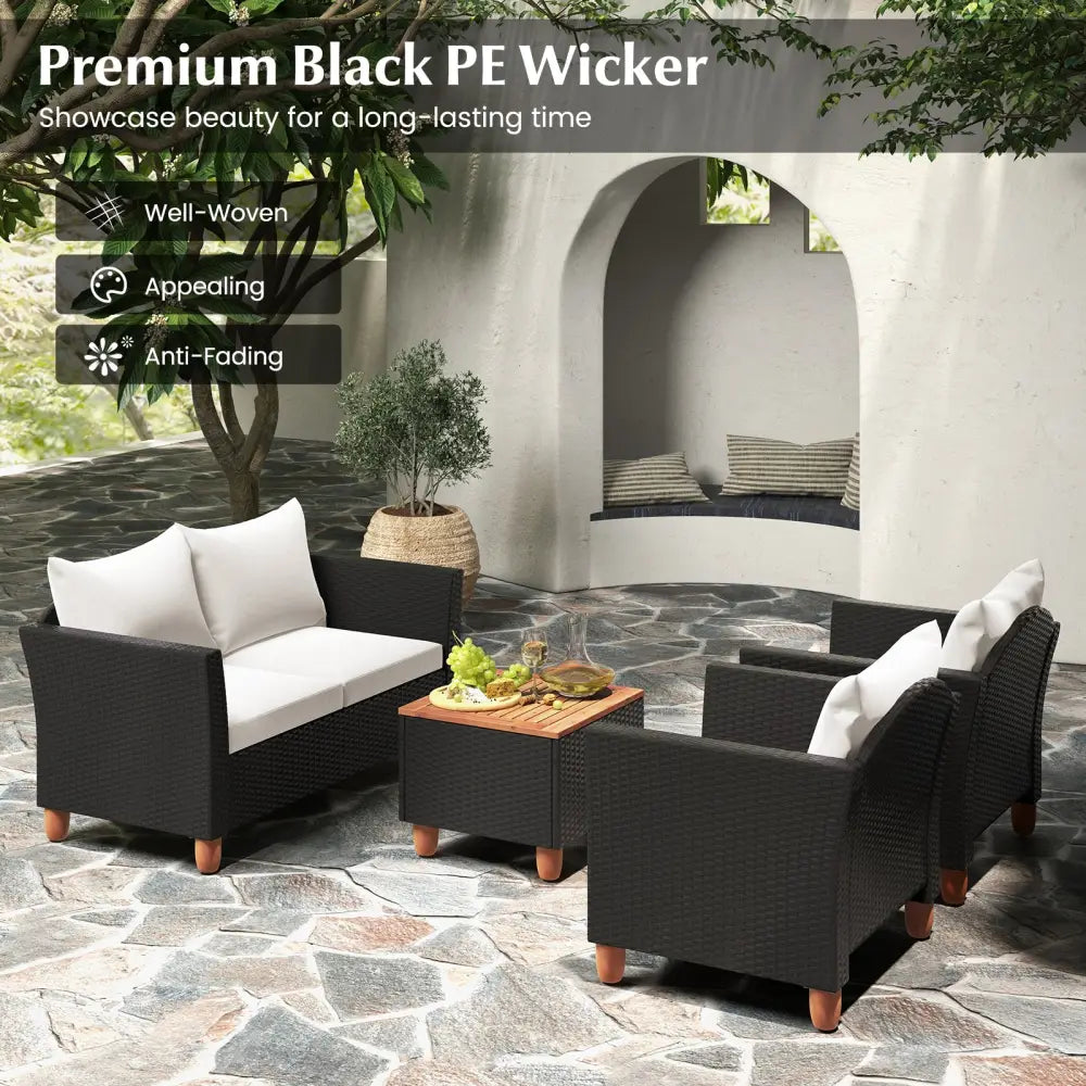 4 Piece Outdoor Conversation Set with Storage Coffee Table-White - White - Patio Furniture Sets