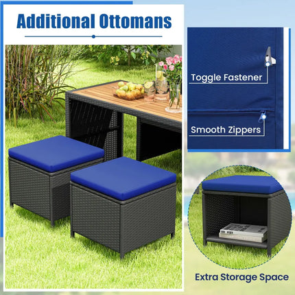 4 Piece Outdoor Dining Set with Wood Topped Dining Table Rattan Loveseat Chair and 2 Ottomans-Navy - Navy - Patio