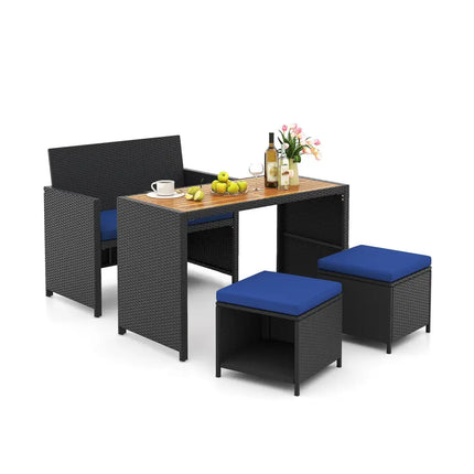 4 Piece Outdoor Dining Set with Wood Topped Dining Table Rattan Loveseat Chair and 2 Ottomans-Navy - Navy - Patio
