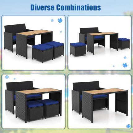 4 Piece Outdoor Dining Set with Wood Topped Dining Table Rattan Loveseat Chair and 2 Ottomans-Navy - Navy - Patio