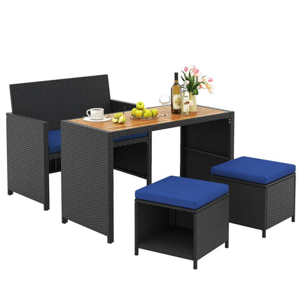 4 Piece Outdoor Dining Set with Wood Topped Dining Table Rattan Loveseat Chair and 2 Ottomans-Navy - Navy - Patio
