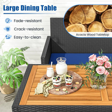 4 Piece Outdoor Dining Set with Wood Topped Dining Table Rattan Loveseat Chair and 2 Ottomans-Navy - Navy - Patio