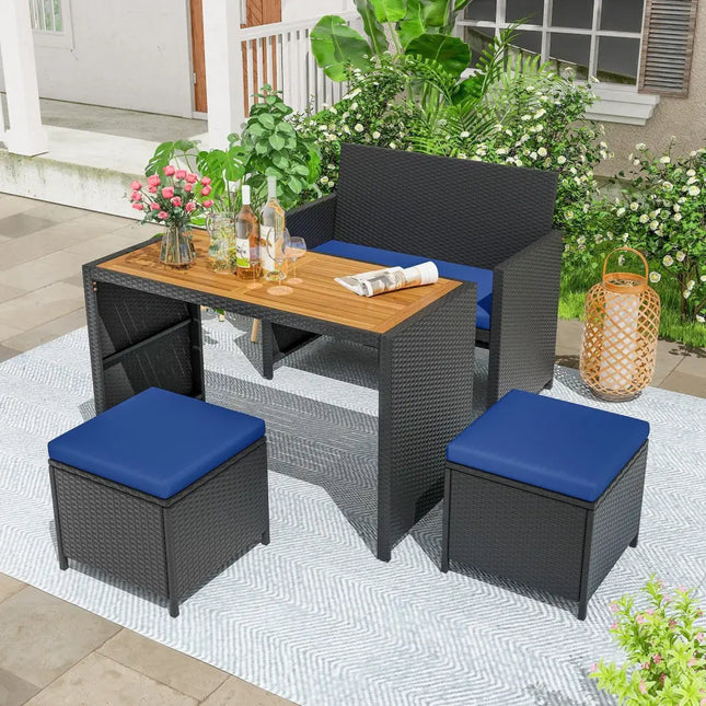 4 Piece Outdoor Dining Set with Wood Topped Dining Table Rattan Loveseat Chair and 2 Ottomans-Navy - Navy - Patio