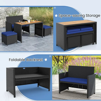 4 Piece Outdoor Dining Set with Wood Topped Dining Table Rattan Loveseat Chair and 2 Ottomans-Navy - Navy - Patio
