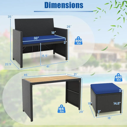4 Piece Outdoor Dining Set with Wood Topped Dining Table Rattan Loveseat Chair and 2 Ottomans-Navy - Navy - Patio