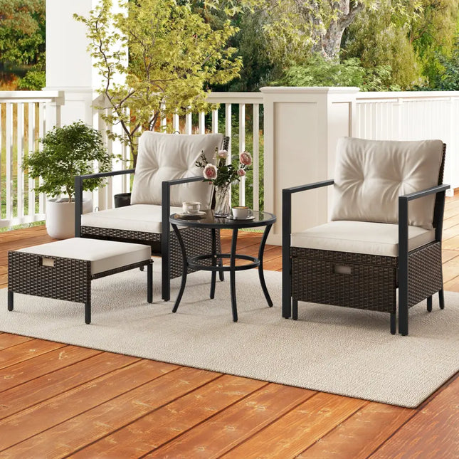 4 Piece Outdoor Furniture Set with Glass Topped Coffee Table-White - White - Patio Conversation Sets