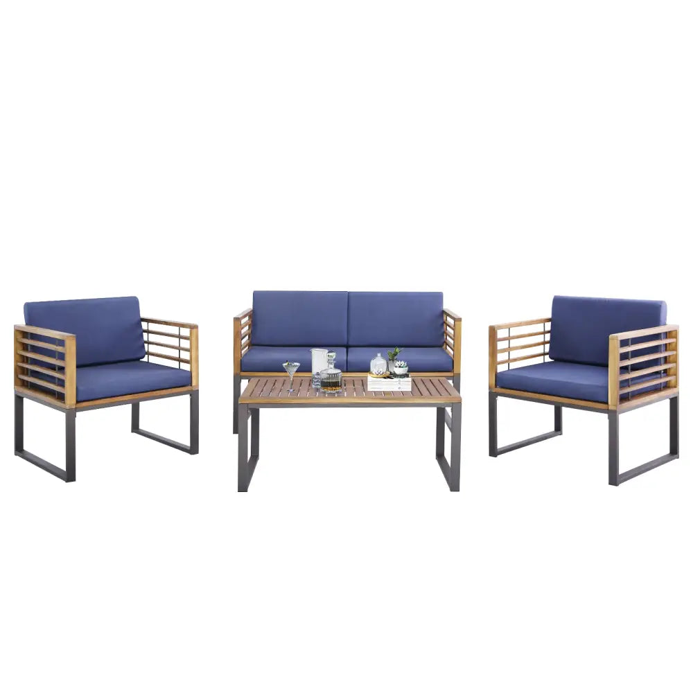 4 Piece Patio Acacia Wood Conversation Set with Soft Seat-Navy - Navy - Patio Furniture Sets