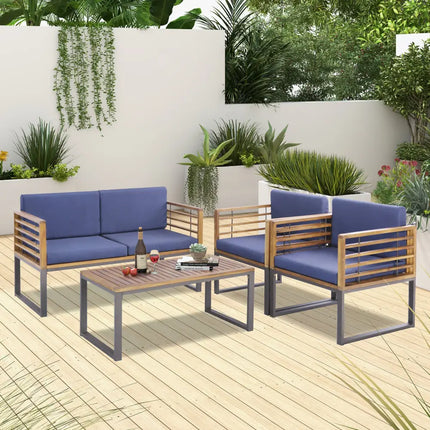 4 Piece Patio Acacia Wood Conversation Set with Soft Seat-Navy - Navy - Patio Furniture Sets