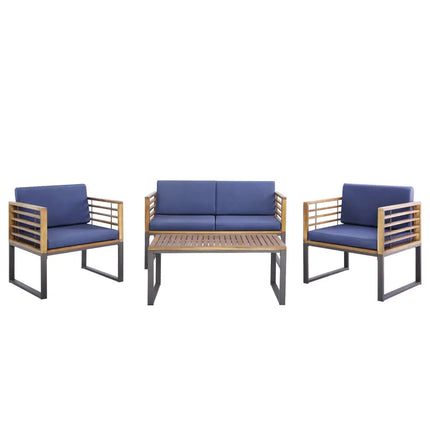 4 Piece Patio Acacia Wood Conversation Set with Soft Seat-Navy - Navy - Patio Furniture Sets