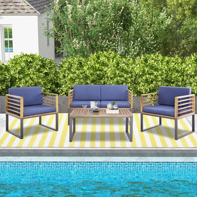 4 Piece Patio Acacia Wood Conversation Set with Soft Seat-Navy - Navy - Patio Furniture Sets