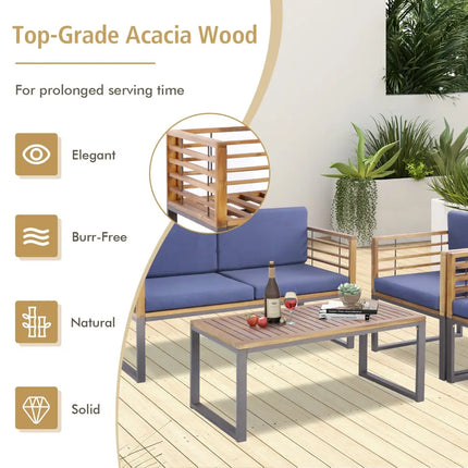 4 Piece Patio Acacia Wood Conversation Set with Soft Seat-Navy - Navy - Patio Furniture Sets