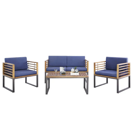 4 Piece Patio Acacia Wood Conversation Set with Soft Seat-Navy - Navy - Patio Furniture Sets