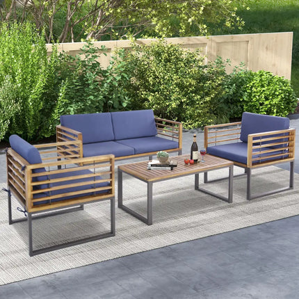 4 Piece Patio Acacia Wood Conversation Set with Soft Seat-Navy - Navy - Patio Furniture Sets