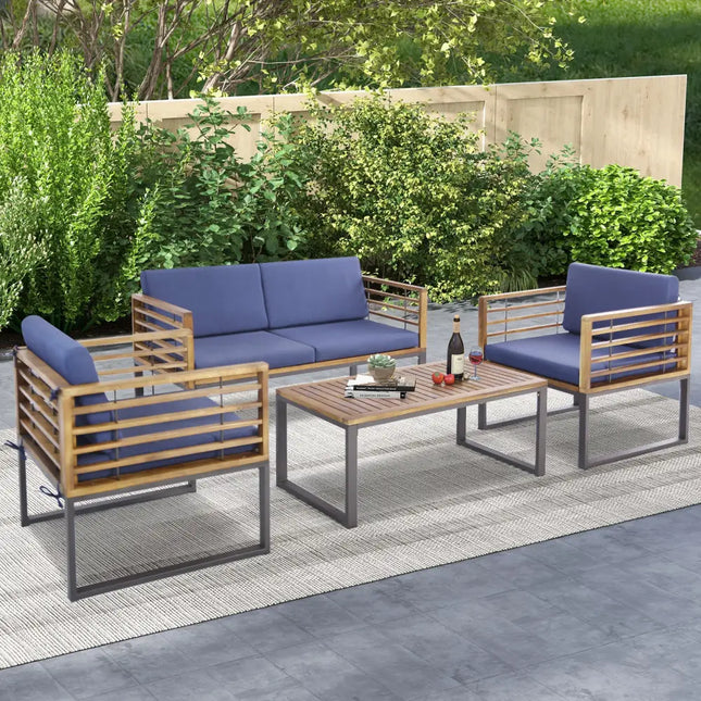 4 Piece Patio Acacia Wood Conversation Set with Soft Seat-Navy - Navy - Patio Furniture Sets