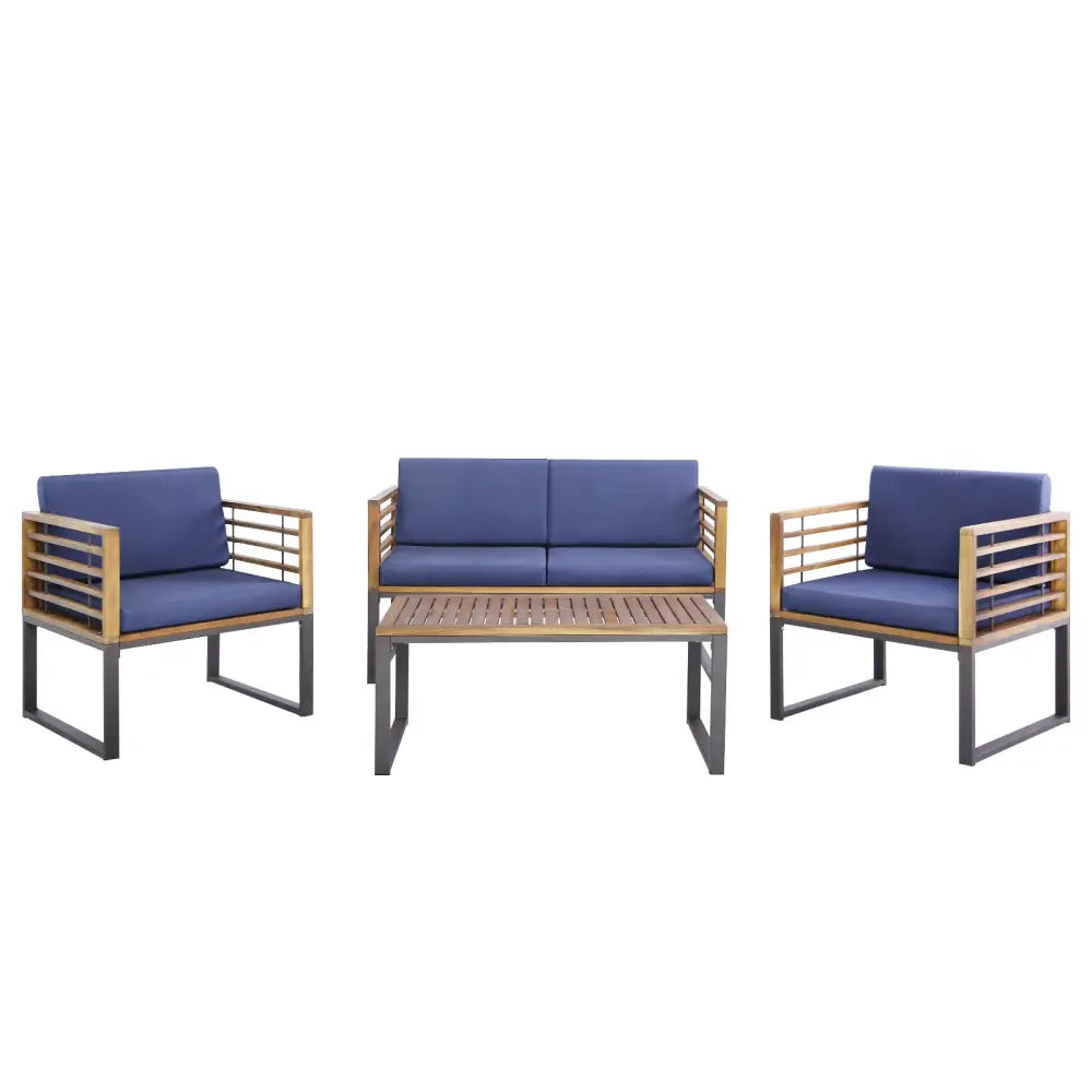 4 Piece Patio Acacia Wood Conversation Set with Soft Seat-Navy - Navy - Patio Furniture Sets