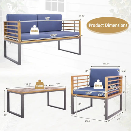 4 Piece Patio Acacia Wood Conversation Set with Soft Seat-Navy - Navy - Patio Furniture Sets
