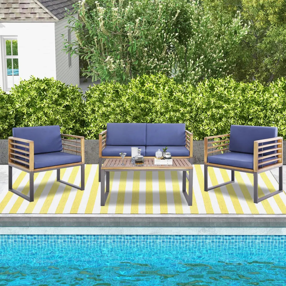 4 Piece Patio Acacia Wood Conversation Set with Soft Seat-Navy - Navy - Patio Furniture Sets