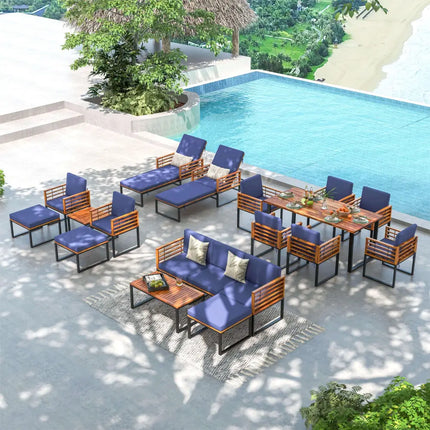 4 Piece Patio Acacia Wood Conversation Set with Soft Seat-Navy - Navy - Patio Furniture Sets