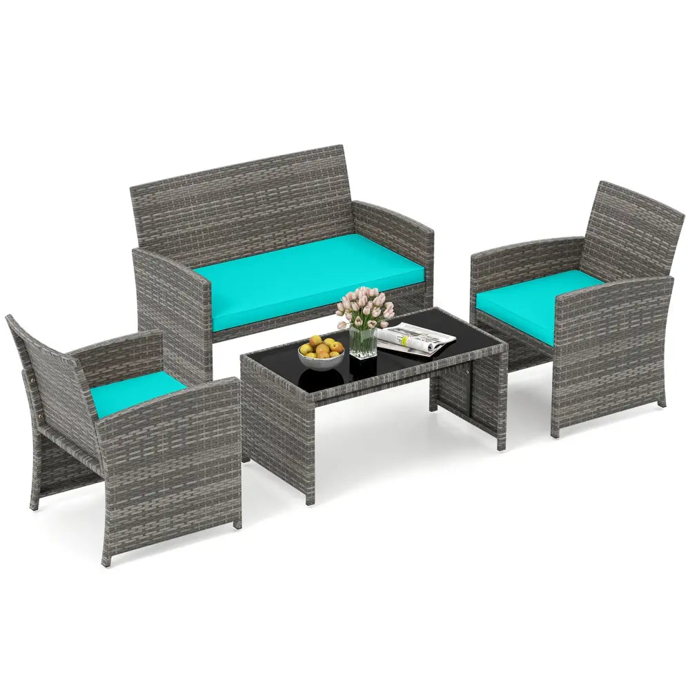 4 Piece Patio Conversation Set Rattan Chair Loveseat and Table Set-Turquoise - Turquoise - Patio Conversation Sets