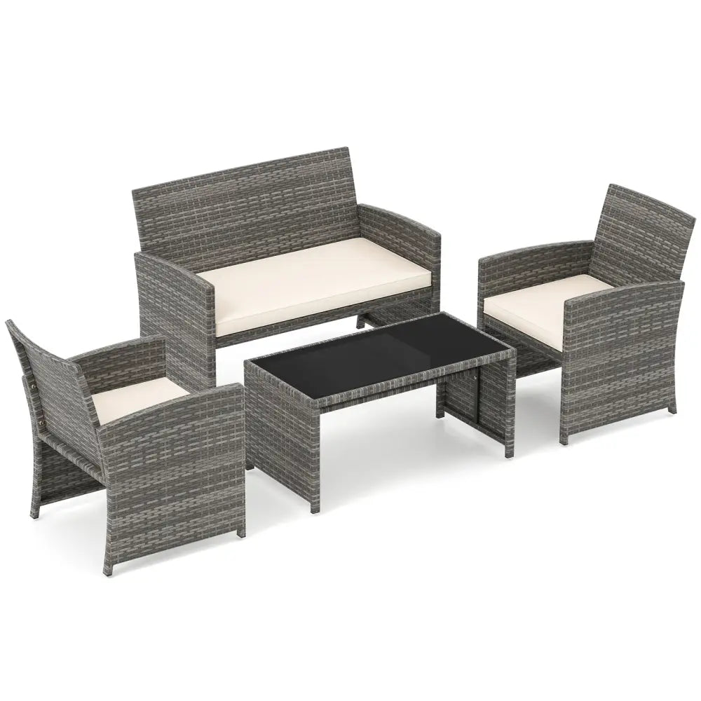 4 Piece Patio Conversation Set Rattan Chair Loveseat and Table Set-Off White - Off White - Patio Conversation Sets