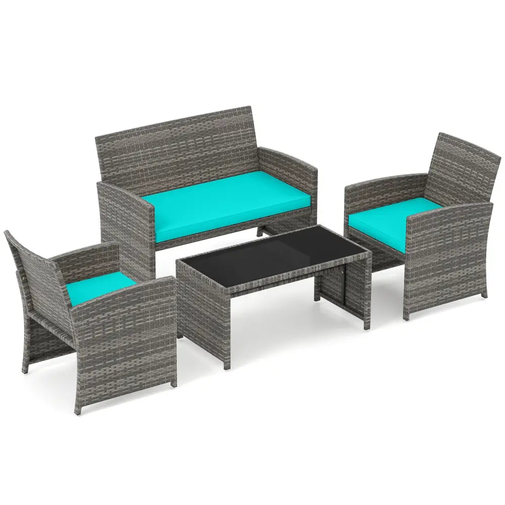 4 Piece Patio Conversation Set Rattan Chair Loveseat and Table Set-Turquoise - Turquoise - Patio Conversation Sets
