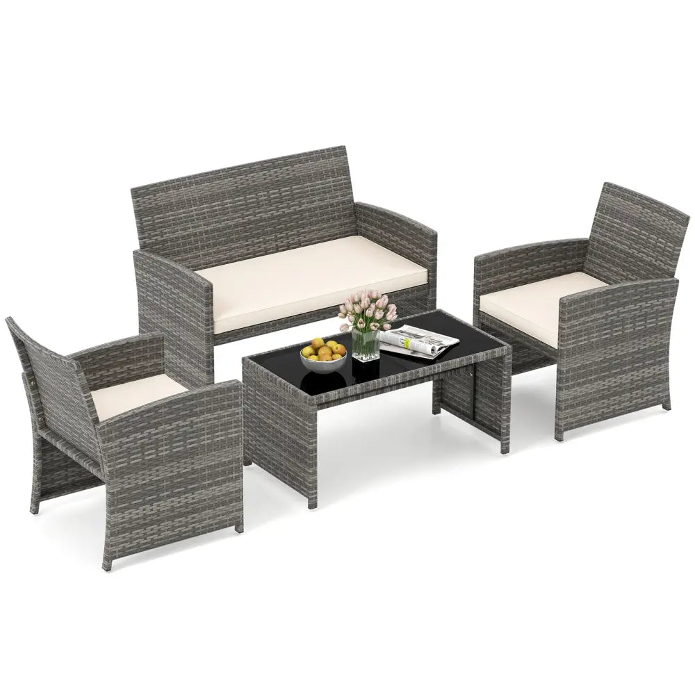 4 Piece Patio Conversation Set Rattan Chair Loveseat and Table Set-Off White - Off White - Patio Conversation Sets