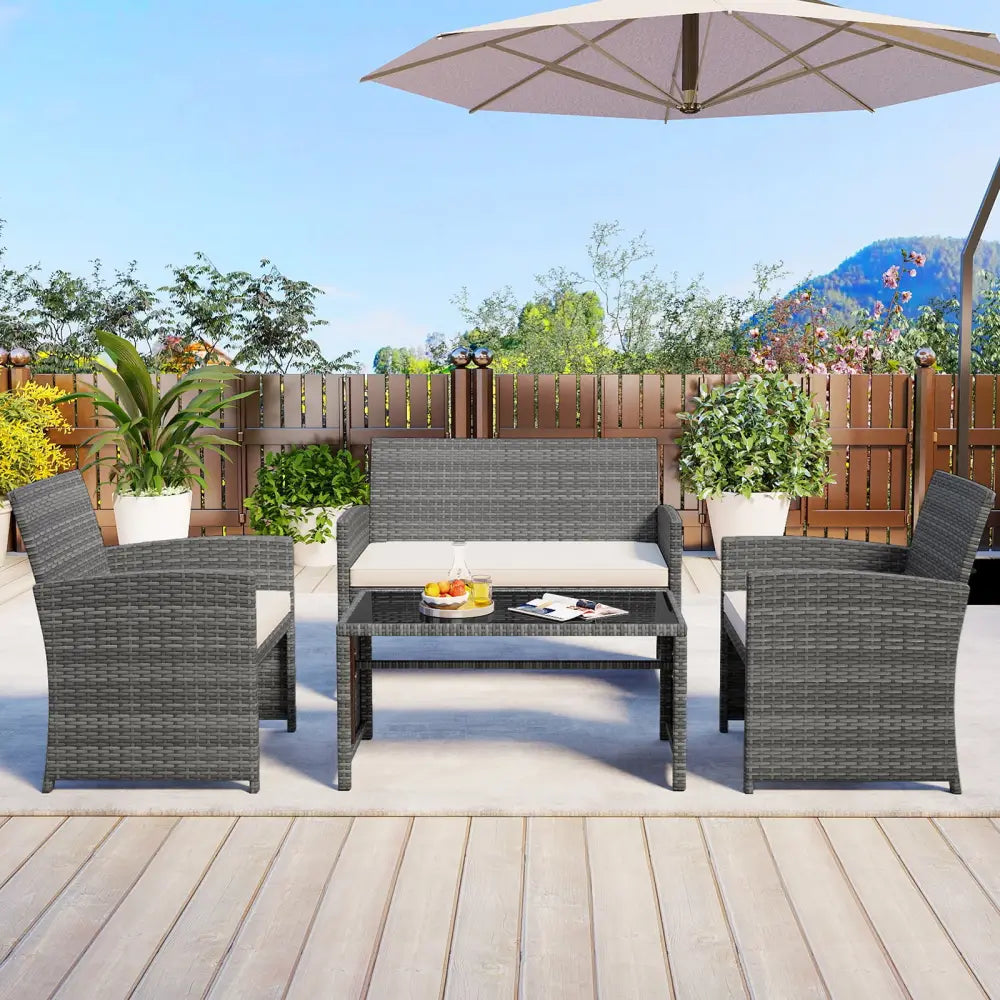 4 Piece Patio Conversation Set Rattan Chair Loveseat and Table Set-Off White - Off White - Patio Conversation Sets