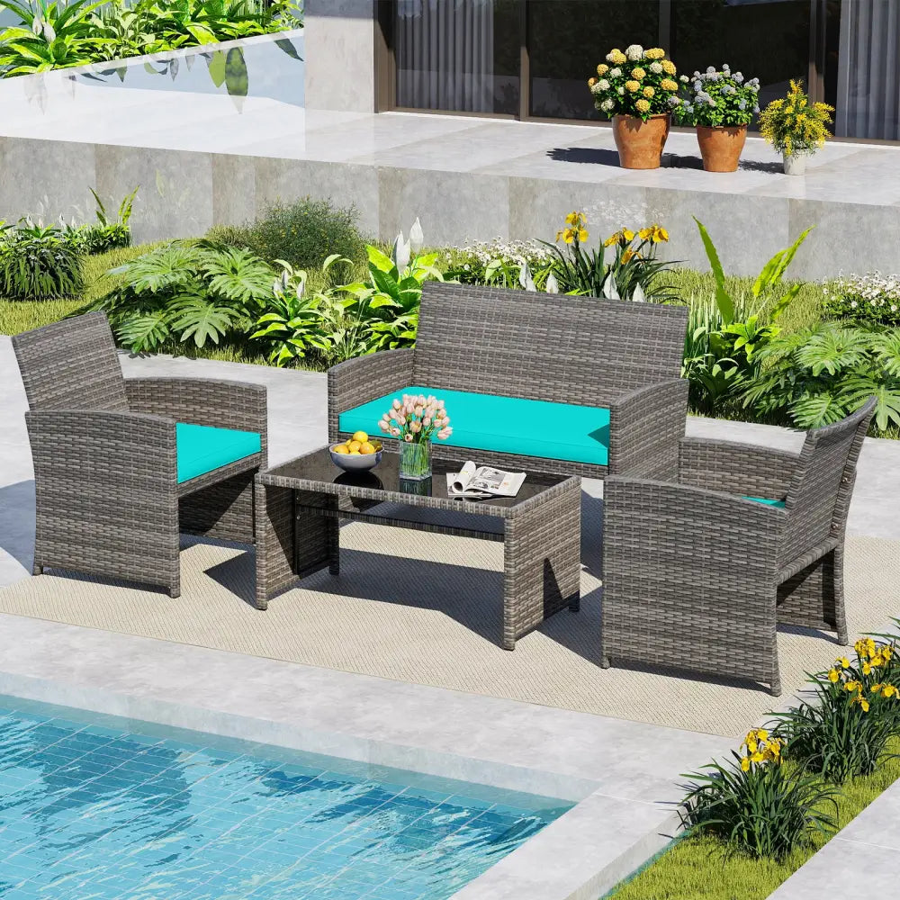 4 Piece Patio Conversation Set Rattan Chair Loveseat and Table Set-Turquoise - Turquoise - Patio Conversation Sets