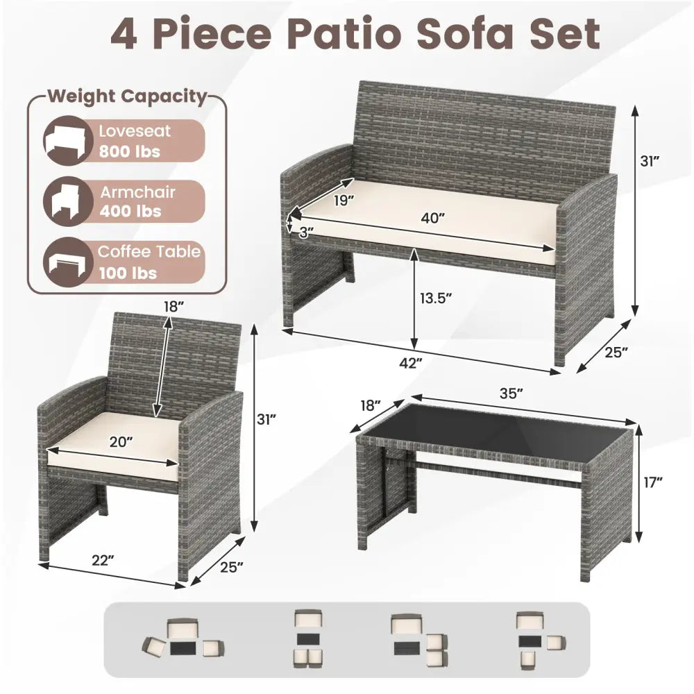 4 Piece Patio Conversation Set Rattan Chair Loveseat and Table Set-Off White - Off White - Patio Conversation Sets