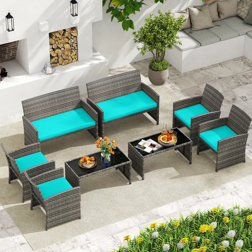 4 Piece Patio Conversation Set Rattan Chair Loveseat and Table Set-Turquoise - Turquoise - Patio Conversation Sets