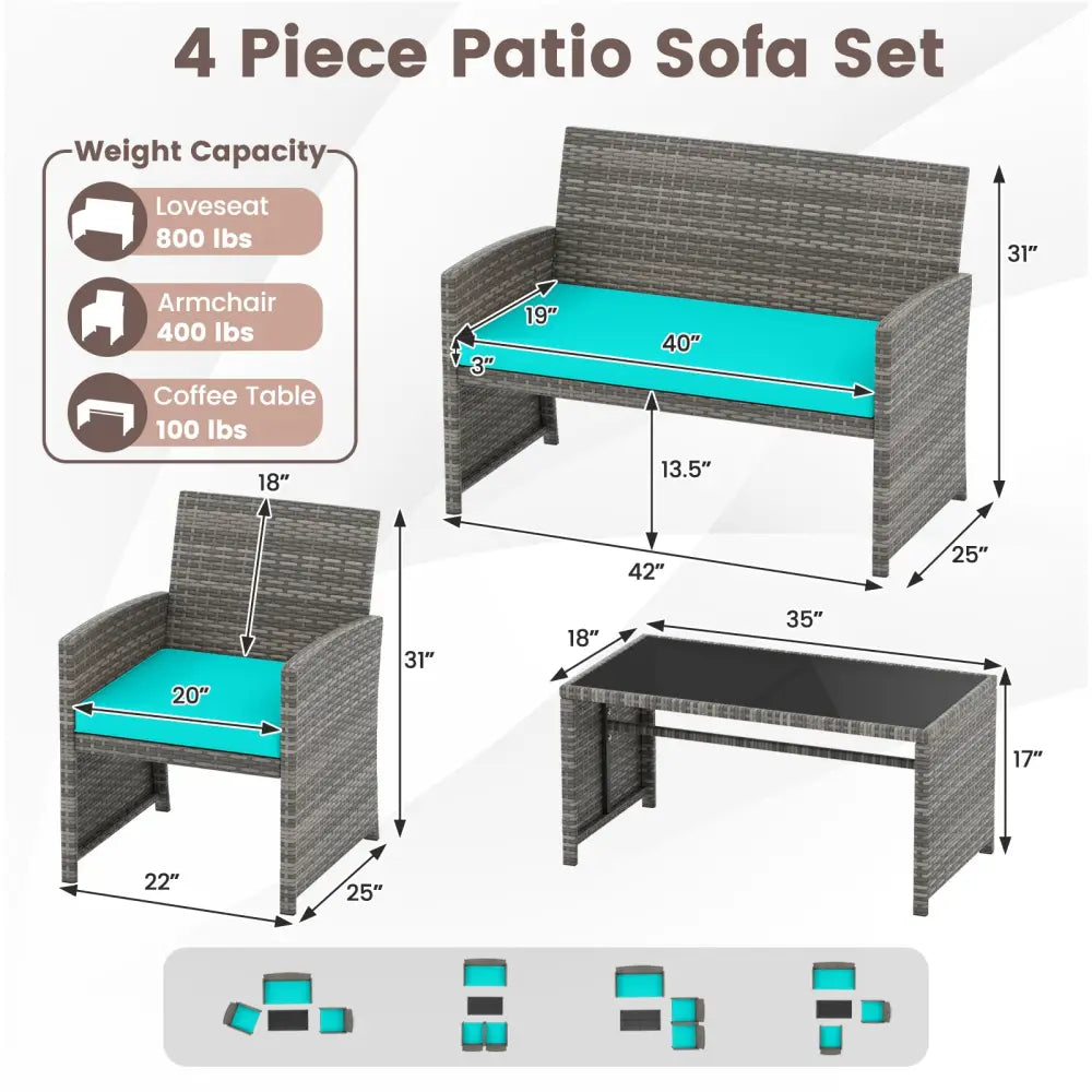 4 Piece Patio Conversation Set Rattan Chair Loveseat and Table Set-Turquoise - Turquoise - Patio Conversation Sets
