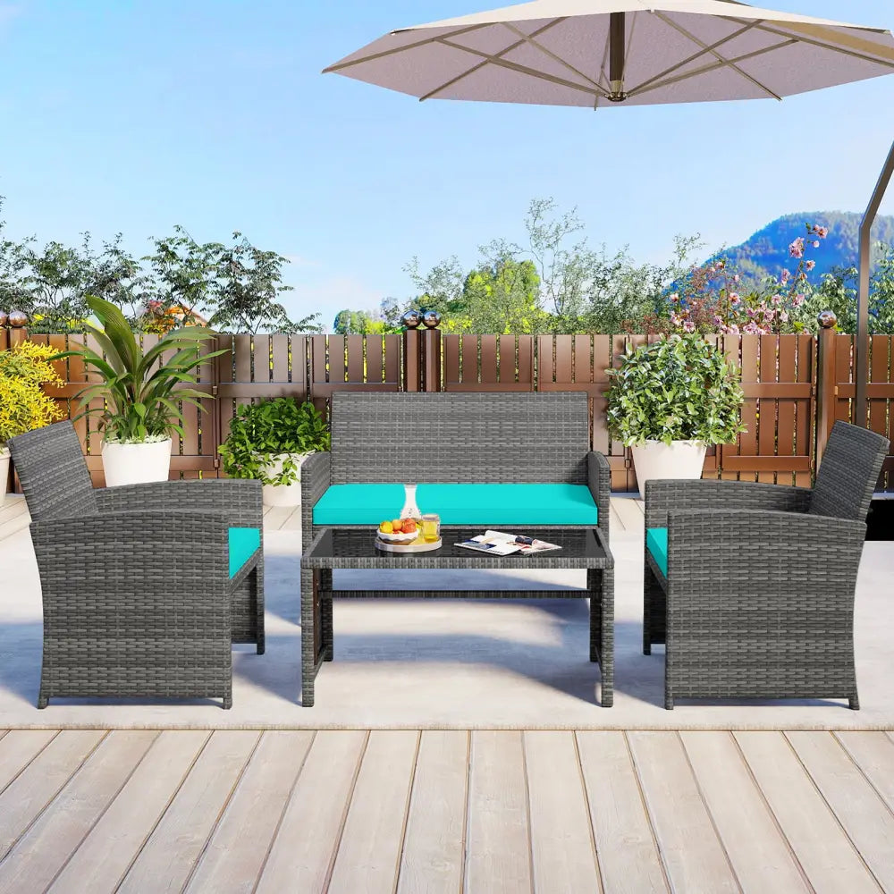 4 Piece Patio Conversation Set Rattan Chair Loveseat and Table Set-Turquoise - Turquoise - Patio Conversation Sets