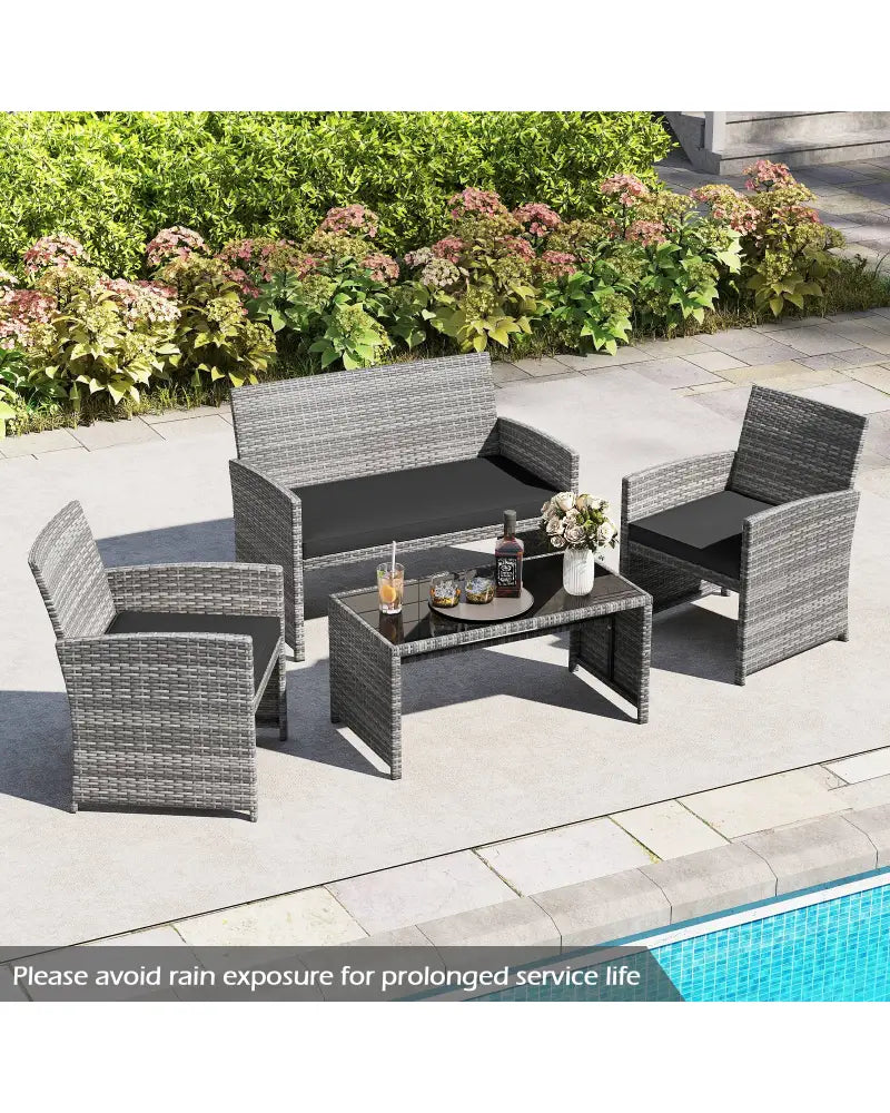 4 Piece Patio Conversation Set Rattan Chair Loveseat and Table Set-Black - Black - Patio Conversation Sets