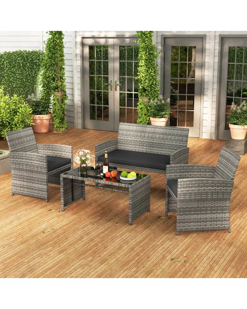 4 Piece Patio Conversation Set Rattan Chair Loveseat and Table Set-Black - Black - Patio Conversation Sets