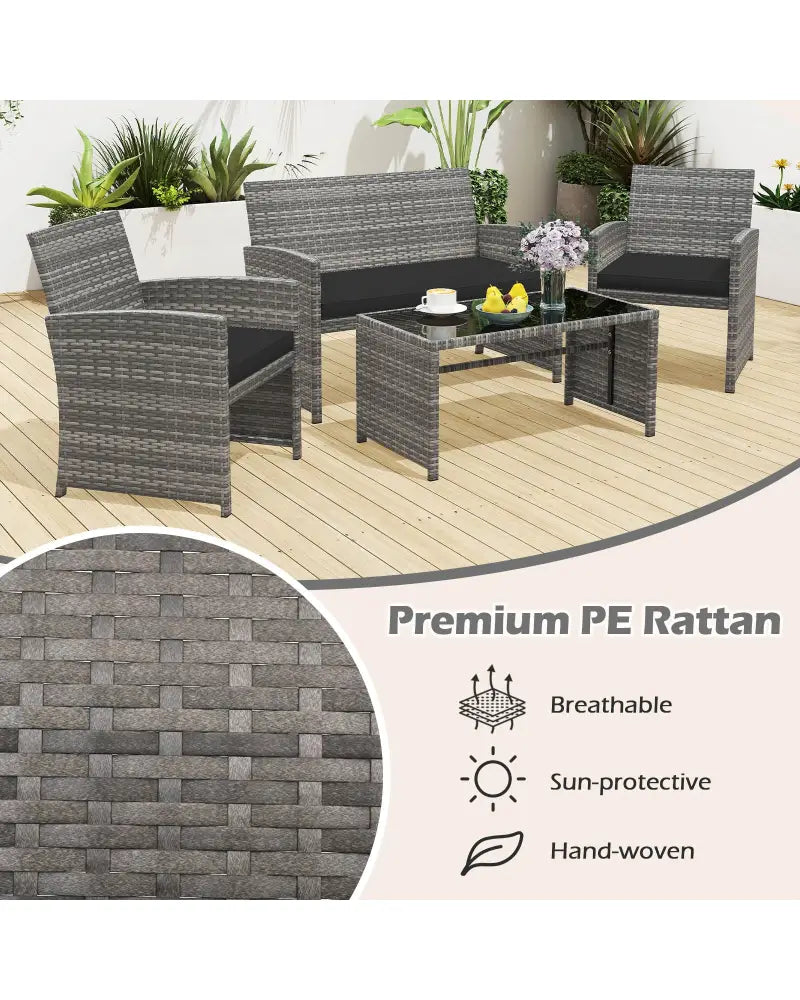 4 Piece Patio Conversation Set Rattan Chair Loveseat and Table Set-Black - Black - Patio Conversation Sets