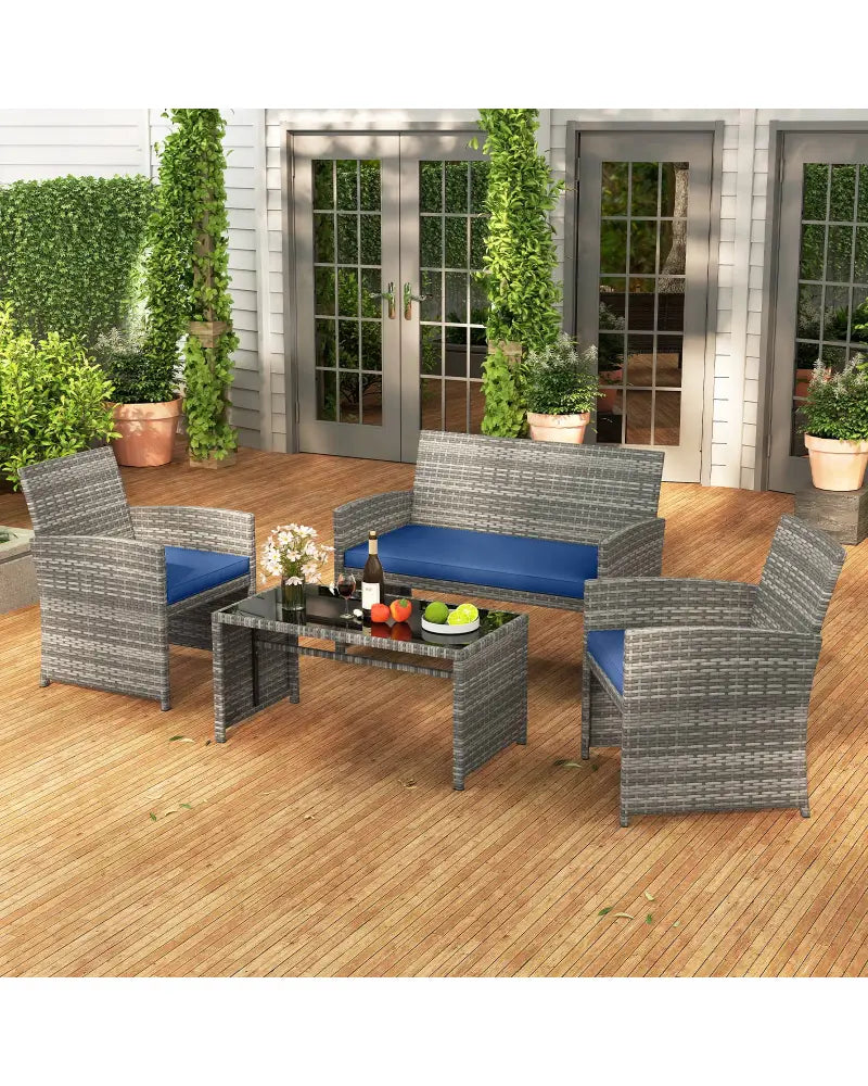 4 Piece Patio Conversation Set Rattan Chair Loveseat and Table Set-Navy - Navy - Patio Conversation Sets